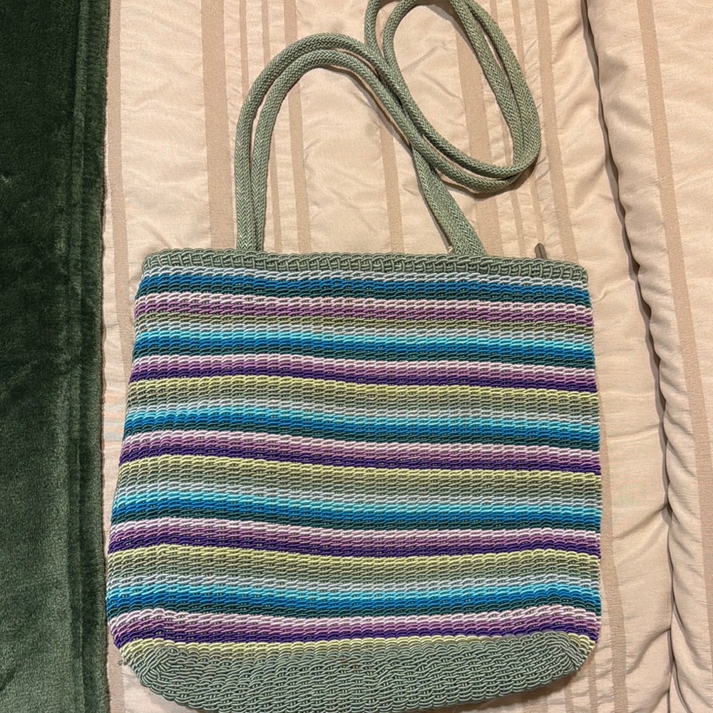Striped Knit Tote Bag in Sage Green, Blue & Purple